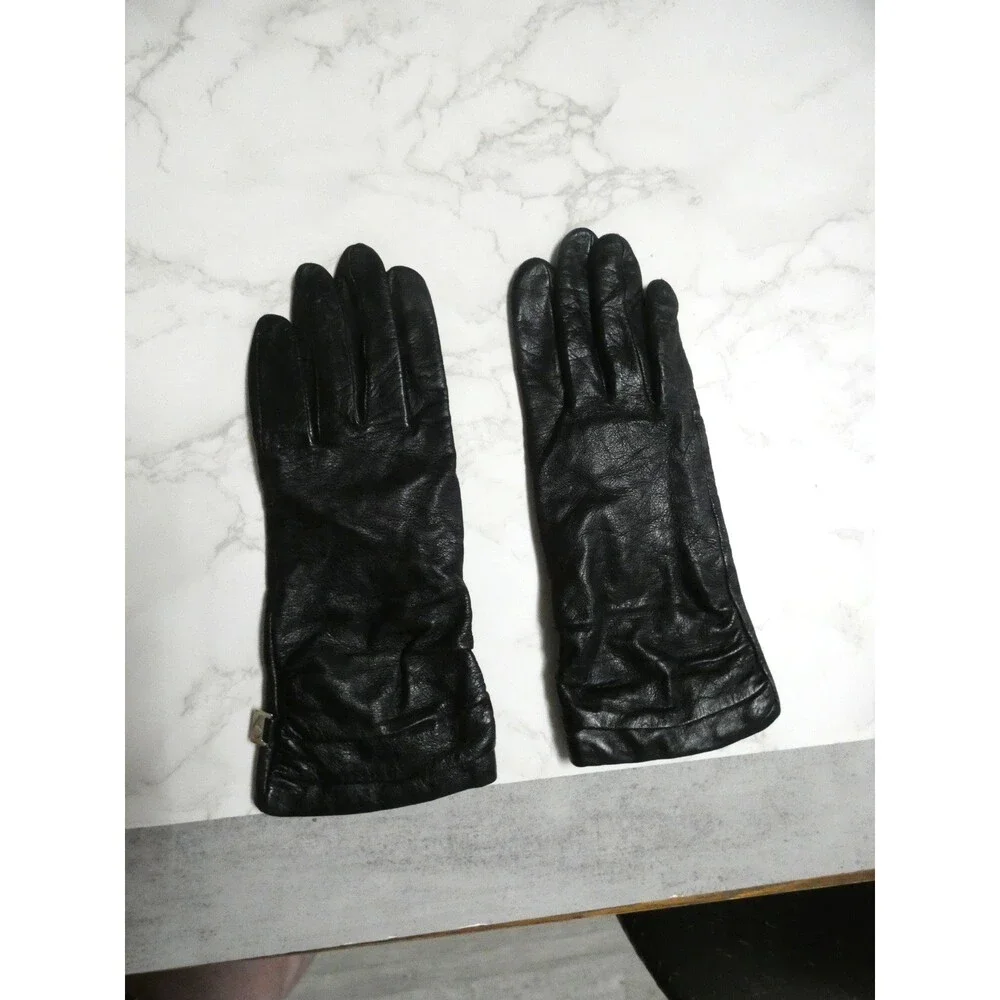 Nine West Women's L Black Leather Gloves Poly Knit Lined Ruched Wrists